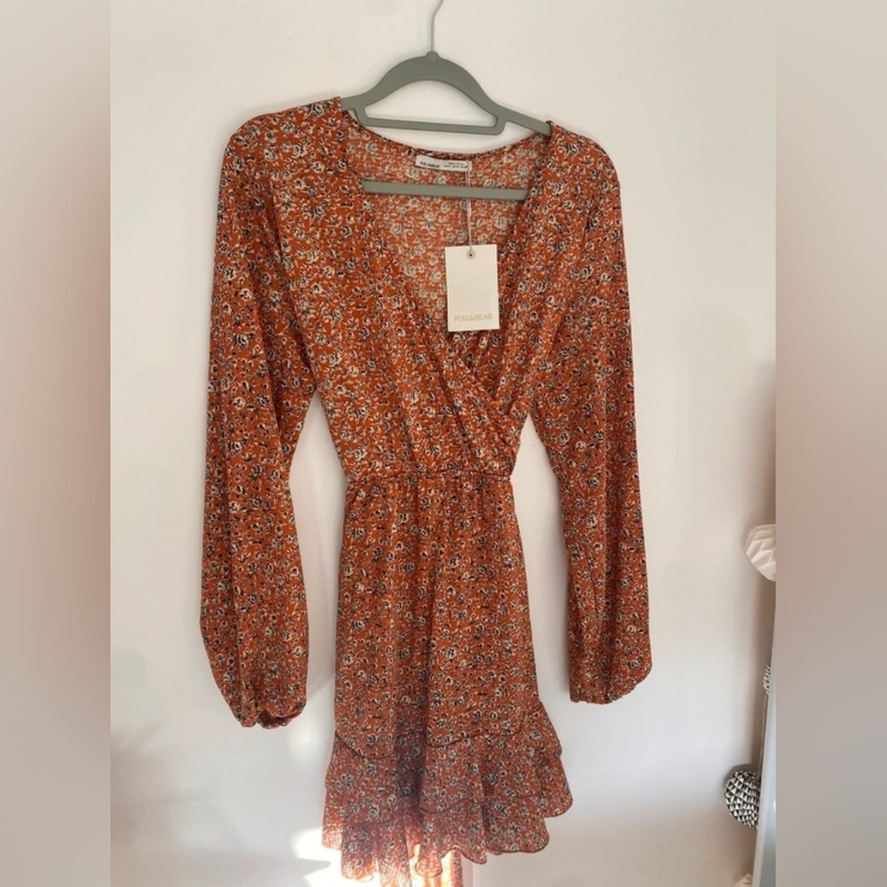 Babaton Rust Floral Long-Sleeve Wrap Dress